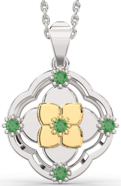 Emerald Gold Silver Flower Necklace