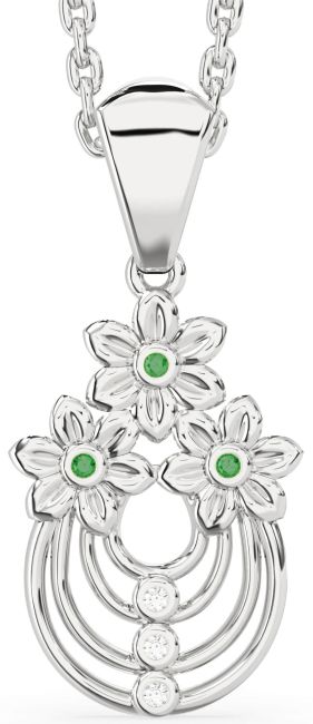 Diamond Emerald Silver Daisy Flower Necklace