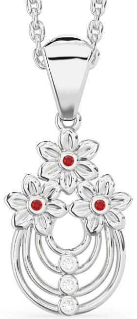 Diamond Ruby Silver Daisy Flower Necklace