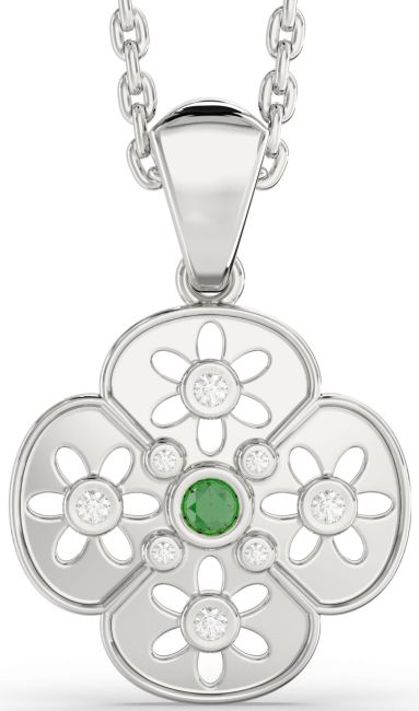Diamond Emerald Silver Flower Necklace