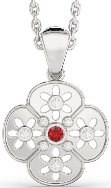 Diamond Ruby Silver Flower Necklace