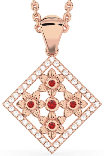 Diamond Ruby Rose Gold Square Flower Necklace