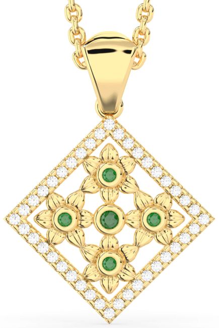 Diamond Emerald Gold Square Flower Necklace