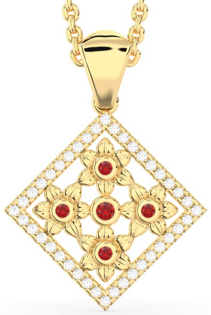 Diamond Ruby Gold Silver Square Flower Necklace