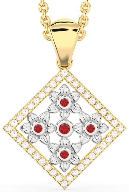 Diamond Ruby Gold Silver Square Flower Necklace