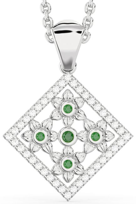 Diamond Emerald Silver Square Flower Necklace