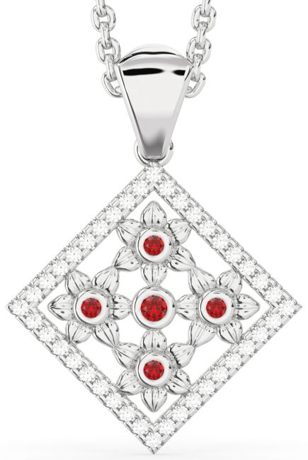 Diamond Ruby Platinum Square Flower Necklace