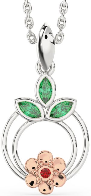 Emerald & Ruby Rose Gold Silver Flower Necklace