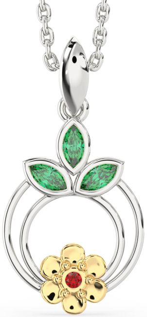Emerald & Ruby Gold Silver Flower Necklace