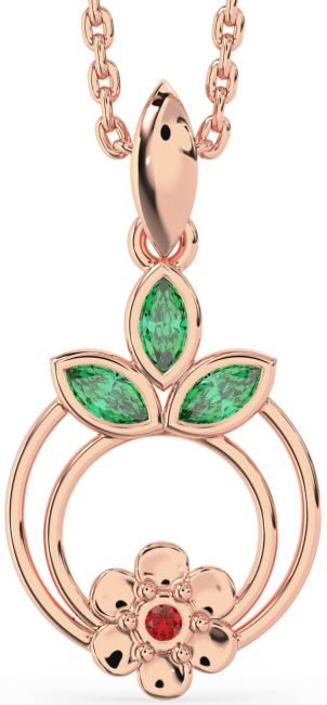 Emerald & Ruby Rose Gold Silver Flower Necklace