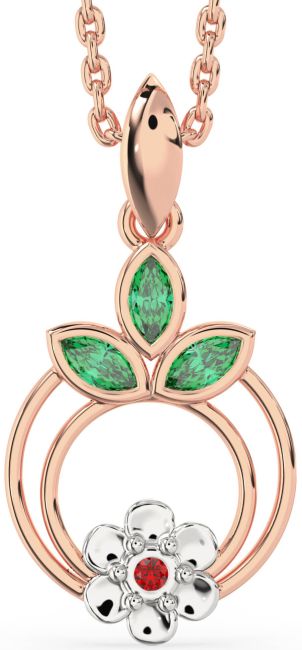 Emerald & Ruby Platinum & Rose Gold Flower Necklace