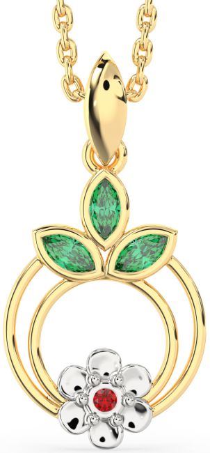 Emerald & Ruby Gold Silver Flower Necklace