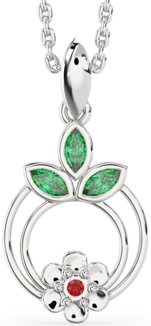 Emerald & Ruby White Gold Flower Necklace