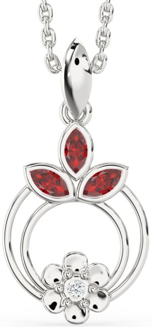 Diamond & Ruby White Gold Flower Necklace