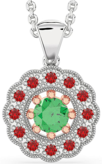 Emerald & Ruby Rose Gold Silver Flower Necklace