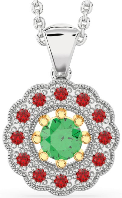Emerald & Ruby Gold Silver Flower Necklace