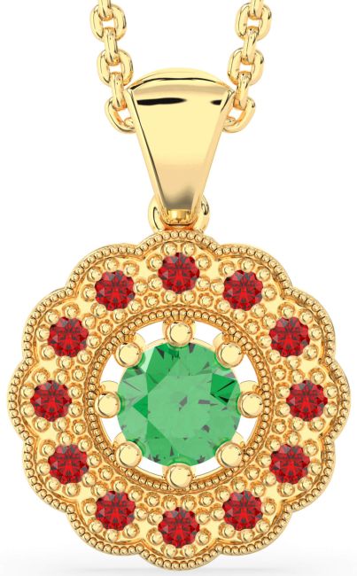 Emerald & Ruby Gold Silver Flower Necklace