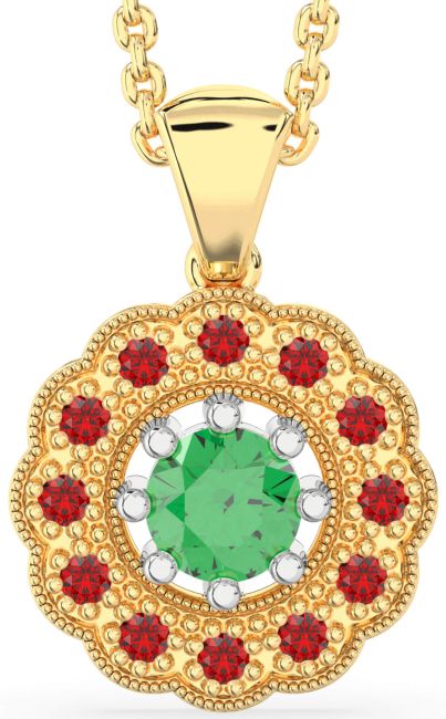 Emerald & Ruby Gold Silver Flower Necklace