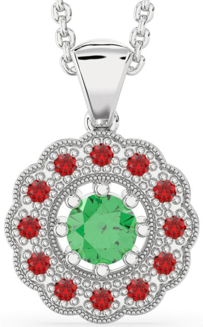 Emerald & Ruby Silver Flower Necklace