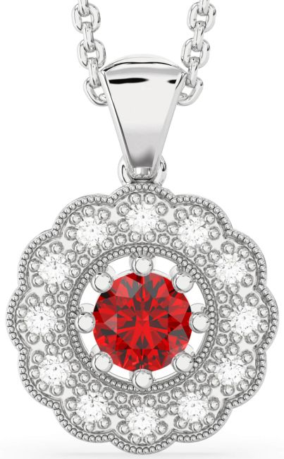 Diamond & Ruby Silver Flower Necklace