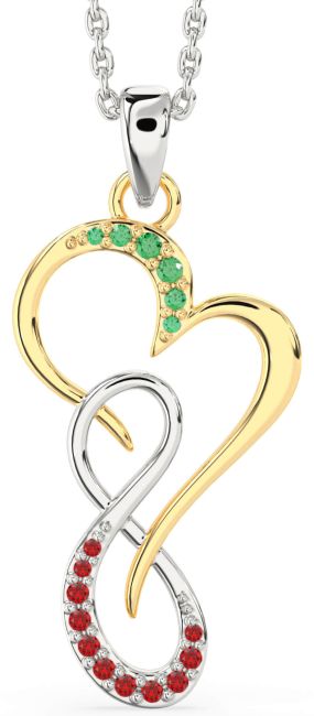 Large Emerald & Ruby Silver & 10K gold Heart Infinity Necklace