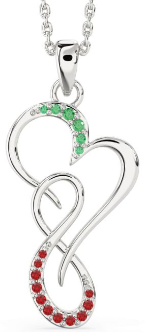 Large Emerald & Ruby Platinum Heart Infinity Necklace