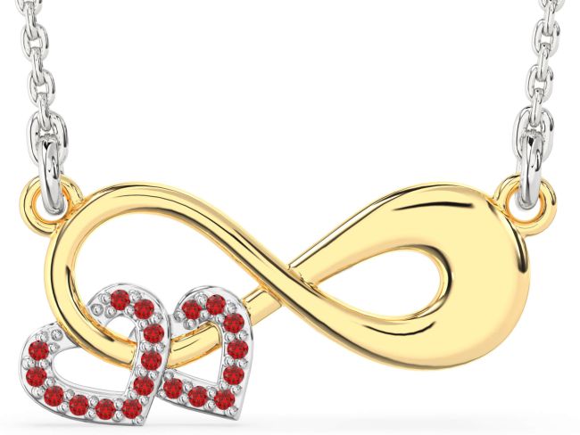 Large Ruby Silver & 10K gold Infinity Heart Necklace