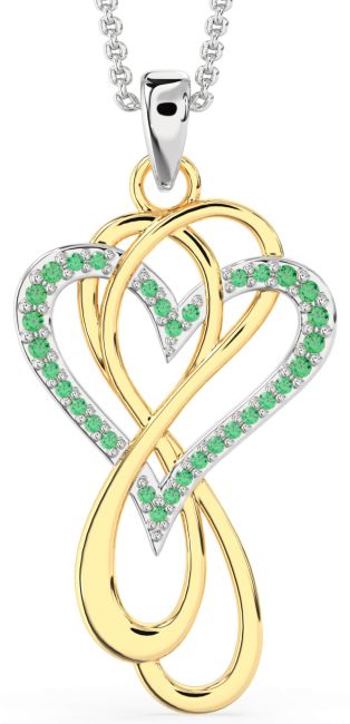 Large Emerald Silver & 10K gold Heart Infinity Interlock Necklace