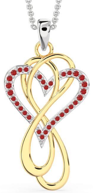 Large Ruby Silver & 10K gold Heart Infinity Interlock Necklace