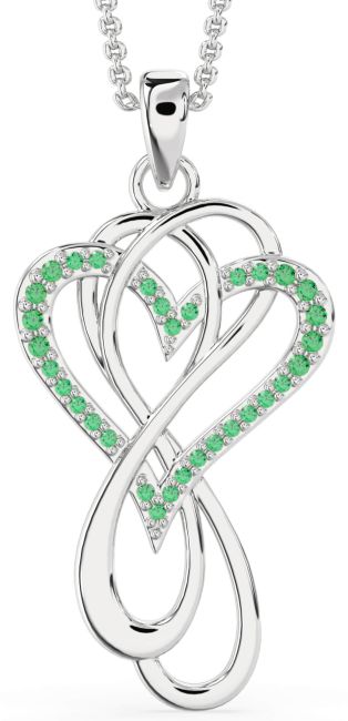 Large Emerald Silver Heart Infinity Interlock Necklace