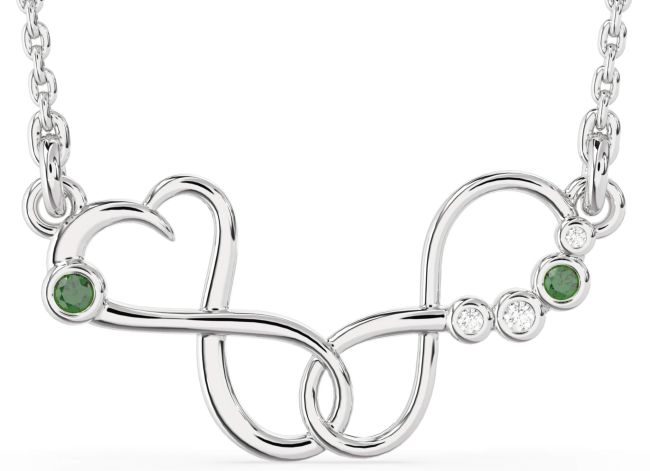 Large Diamond Emerald Platinum Infinity Interlock Birthstone Necklace