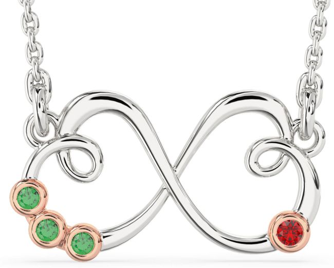 Emerald & Ruby White Rose Gold Heart Infinity Necklace