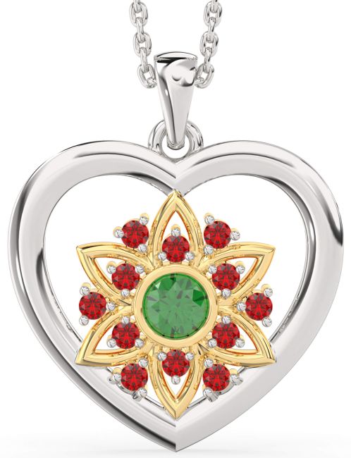 Emerald & Ruby Silver & 10K gold Heart Flower Necklace