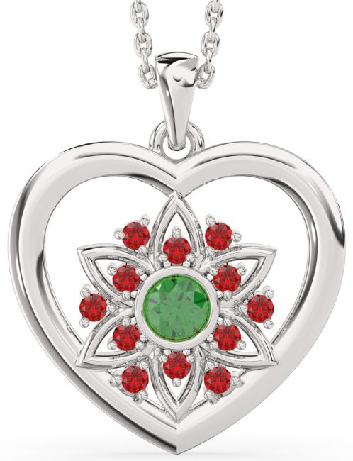 Emerald & Ruby Platinum Heart Flower Necklace