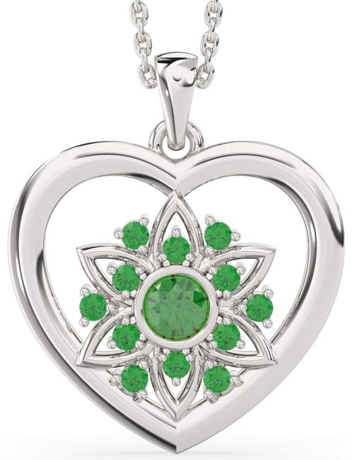 Emerald Silver Heart Flower Necklace