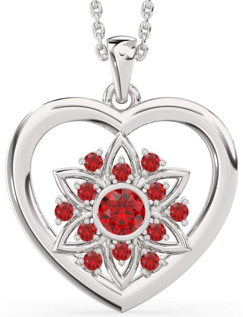 Ruby Silver Heart Flower Necklace