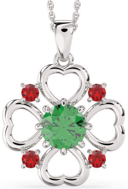 Emerald & Ruby Platinum Flower Heart Necklace