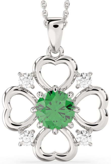 Emerald Silver Flower Heart Necklace
