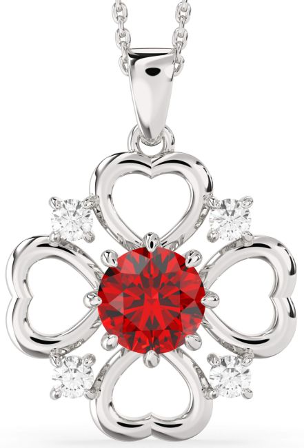 Ruby Silver Flower Heart Necklace