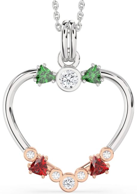 Diamond Emerald & Ruby White Rose Gold Heart Necklace