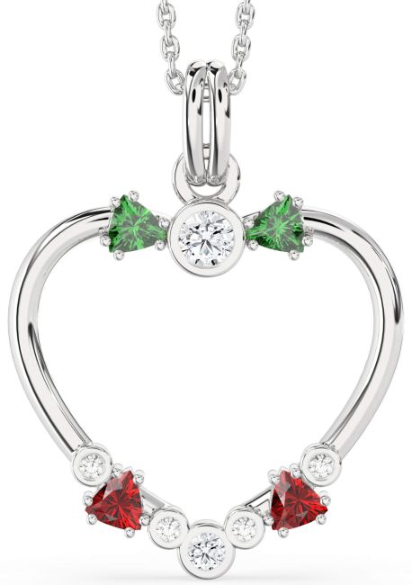 Diamond Emerald & Ruby Platinum Heart Necklace