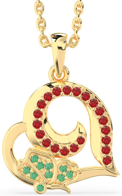 Emerald & Ruby Gold Heart Butterfly Necklace