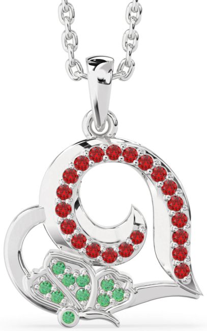 Emerald & Ruby White Gold Heart Butterfly Necklace