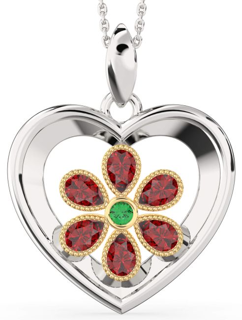 Emerald & Ruby Silver & 10K gold Heart Flower Necklace