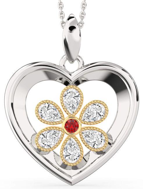 Ruby Gold Silver Heart Flower Necklace