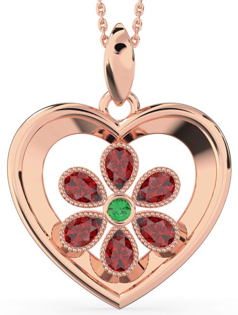Emerald & Ruby Rose Gold Heart Flower Necklace