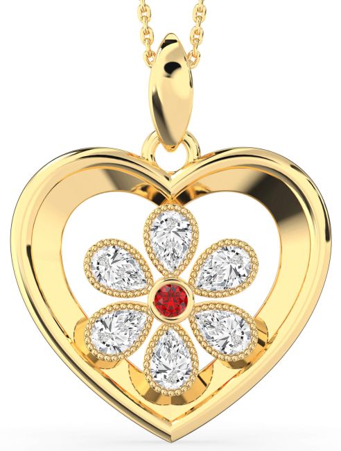 Ruby Gold Heart Flower Necklace