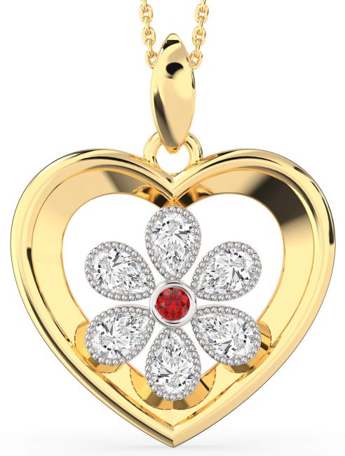 Ruby Gold Silver Heart Flower Necklace