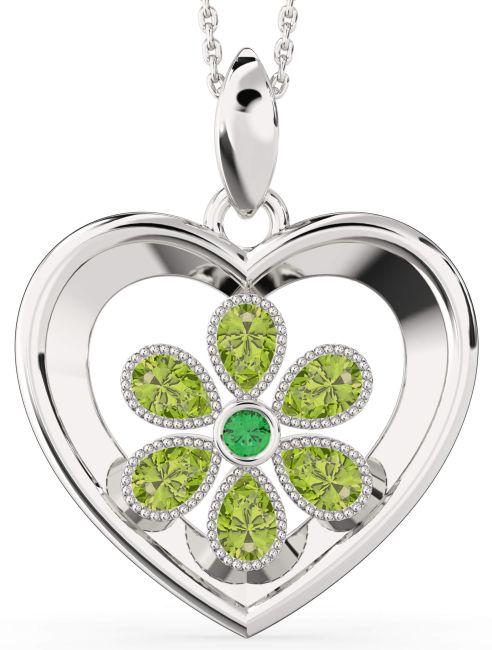 Emerald & Peridot Silver Heart Flower Necklace