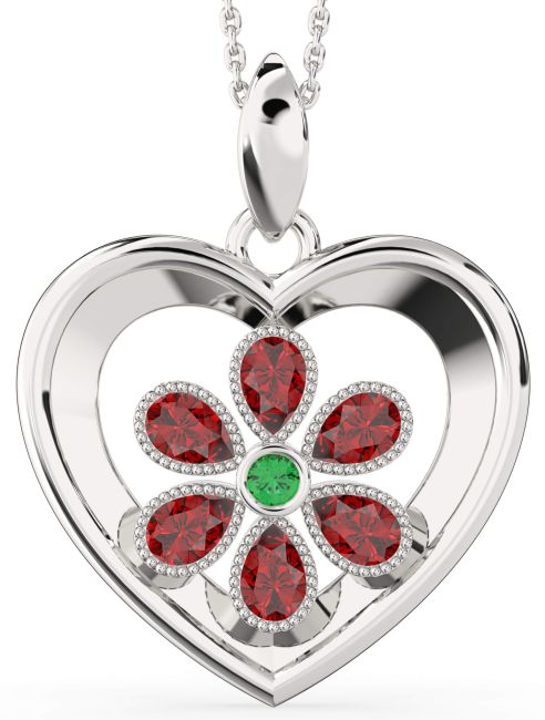 Emerald & Ruby Platinum Heart Flower Necklace